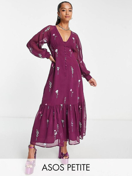 ASOS DESIGN Petite button through embroidered maxi tea dress in wine