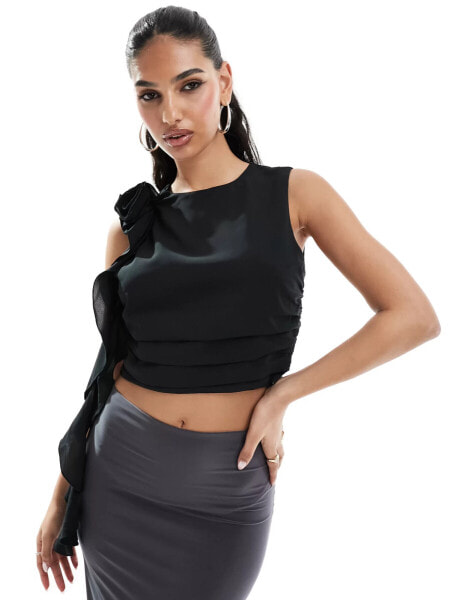 Abercrombie & Fitch draped rosette crop top in black