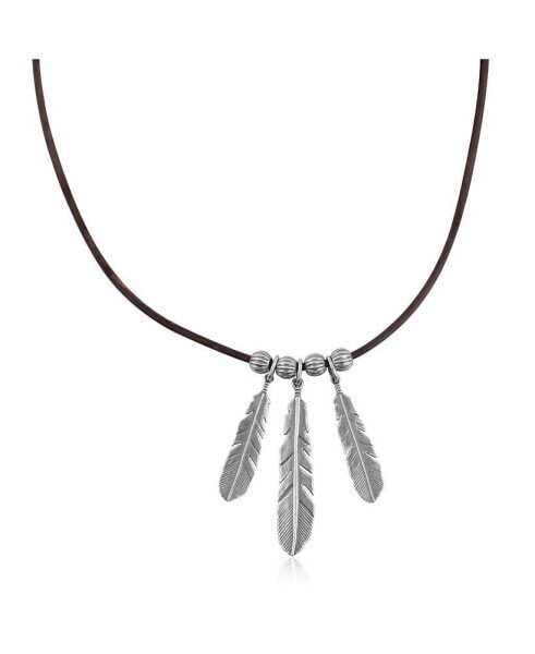 Sterling Silver Triple Feather and Leather Necklace, 17 Inches