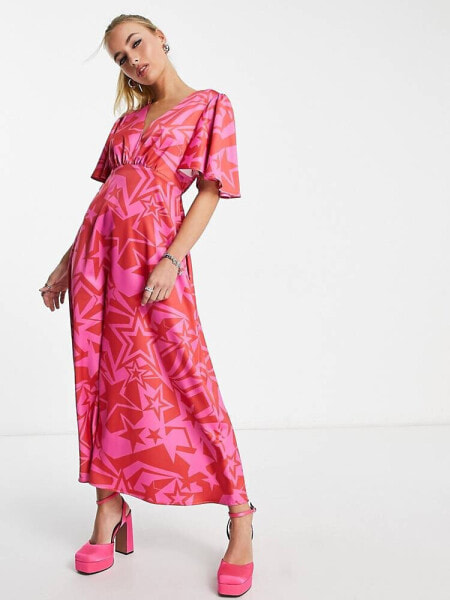 Twisted Wunder flutter sleeve maxi dress in pink and red star print