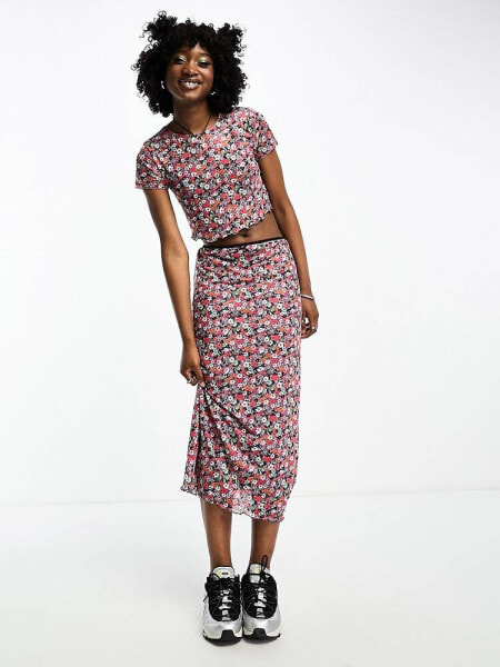 Noisy May mesh midi skirt co-ord in multi ditsy