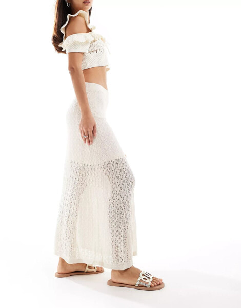 Selected Femme knitted crochet maxi skirt in beige