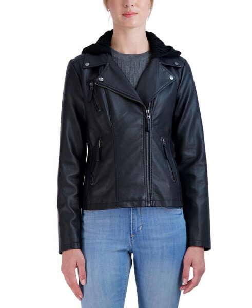 Women's Hooded Faux Leather Moto Jacket