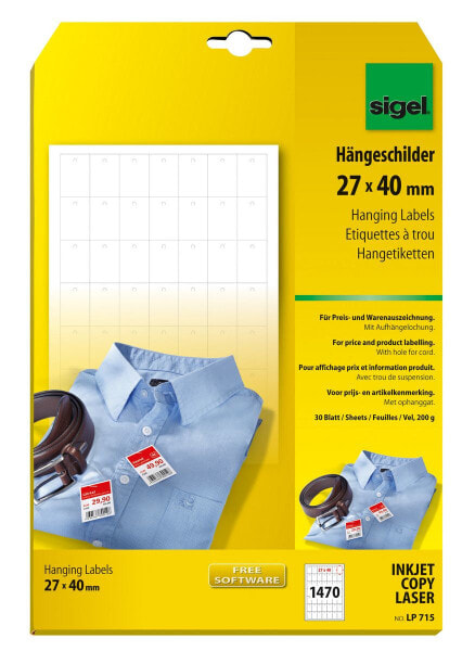 Sigel LP715 - White - Non-adhesive printer label - Paper - Universal - Rectangle - 200 g/m²
