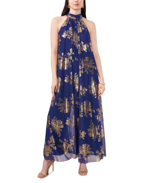 Metallic Floral-Print Halter Wide-Leg Jumpsuit