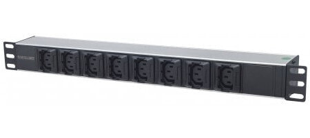 Удлинитель Intellinet 19" 1U Rackmount Anti-Shedding 8-Output C13 Power Distribution Unit (PDU) - With Removable Power Cable and Rear C14 Input (Euro 2-pin plug) - 1U - Black - Silver - 8 AC outlet(s) - C13 coupler - IEC320 C14 - 2m