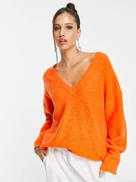 ASOS EDITION v neck jumper in bright orange