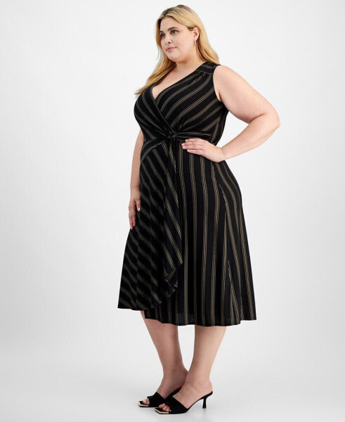 Plus Size Striped Faux-Wrap Midi Dress