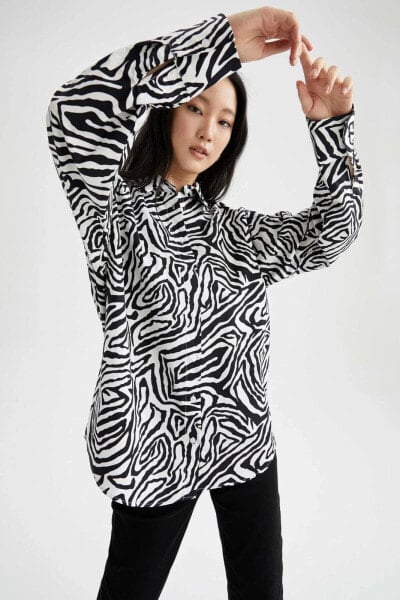 Oversize Fit Zebra Desenli Uzun Kollu Poplin %100 Pamuk Gömlek W7702az22sm