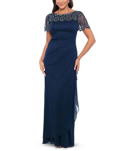 Women's Bead Embellished Short-Sleeve Gown