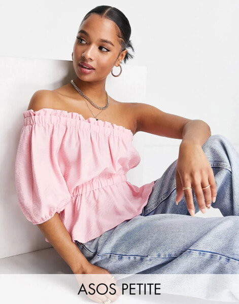 ASOS DESIGN Petite one shoulder linen look top with elasticated waist in pink