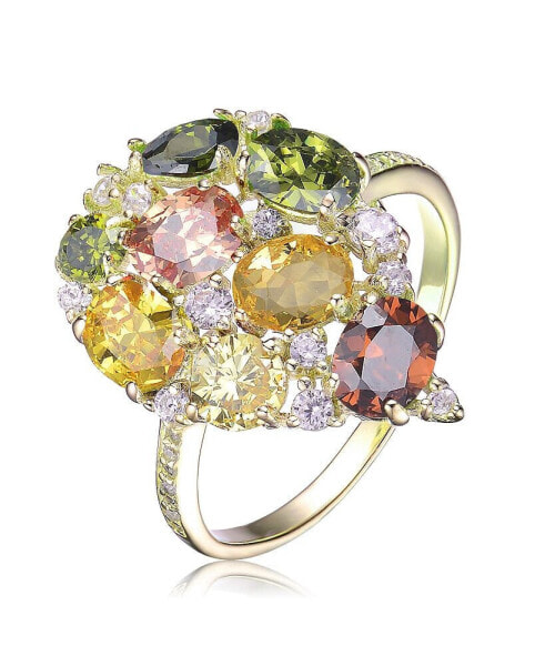 Sterling Silver with 14K Gold Plated Multi Colored Oval and Round Cubic Zirconia Pave Ring