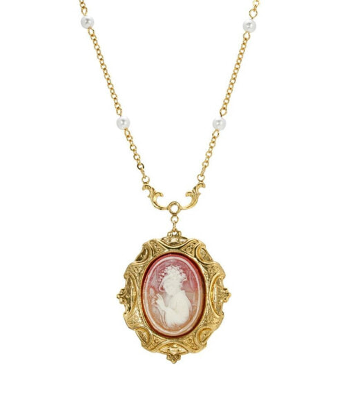 14K Gold Plated Cameo Imitation Pearl Necklace