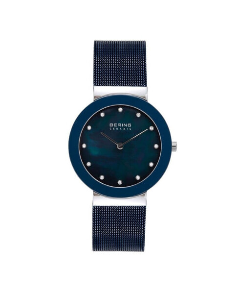 Часы и аксессуары Bering женские Керамические с кристаллами синие с мешковым браслетом из нержавеющей стали 35 мм.