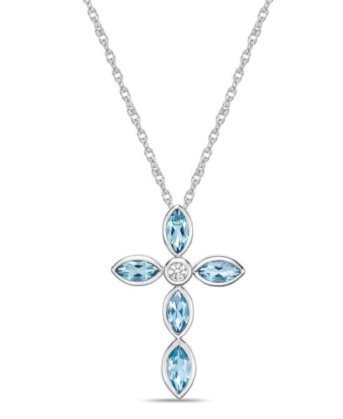Macy's sterling Silver Simple 1 3/4 (ct. t. w.) Genuine Swiss Blue Topaz and White Topaz Marquise Bezel Set Cross Pendant Necklace