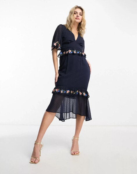 Hope & Ivy flutter sleeve embroidered hem midi dress in navy