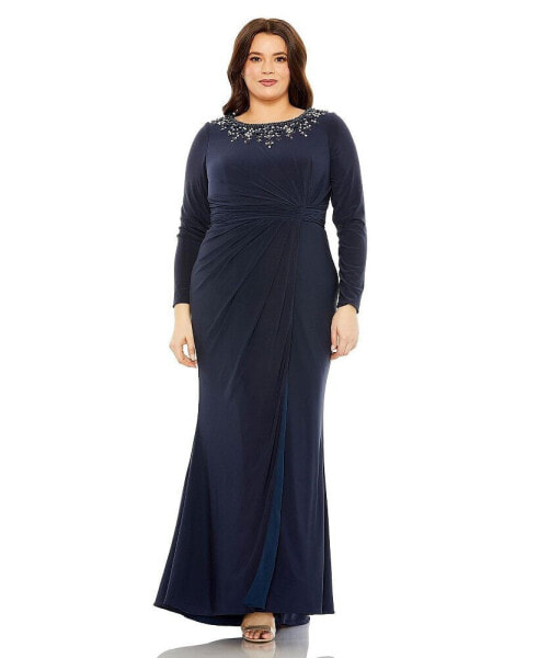Plus Size Long Sleeve Embellished Neckline Jersey Gown