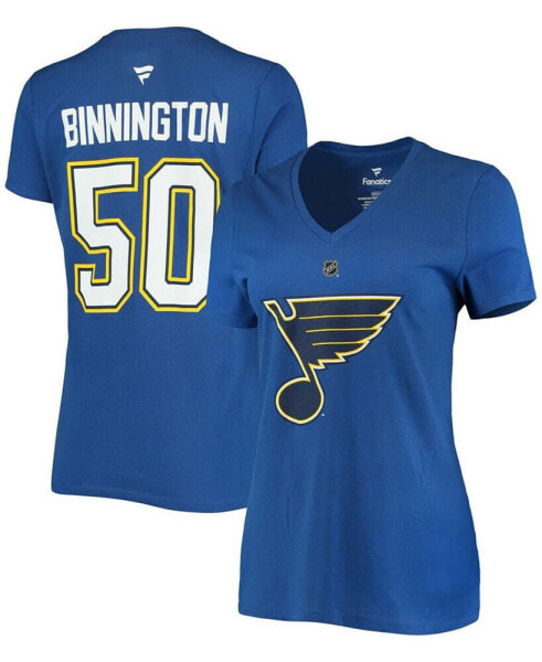 Women's Jordan Binnington Blue St. Louis Blues Team Authentic Stack Name and Number V-Neck T-shirt