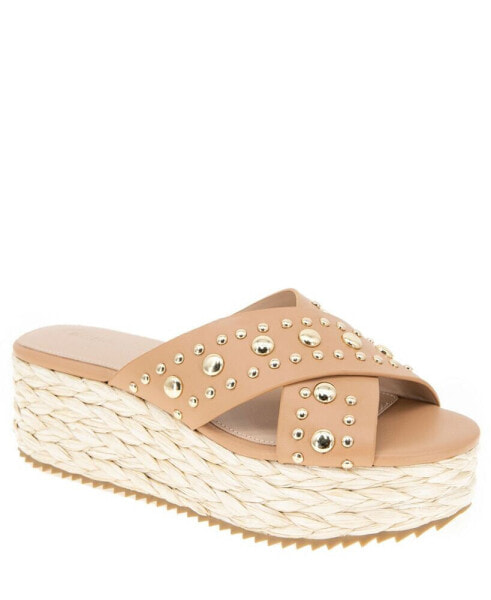 Women's Gladda Studded Flatform Raffia Slip-On Crossband Wedge Sandals