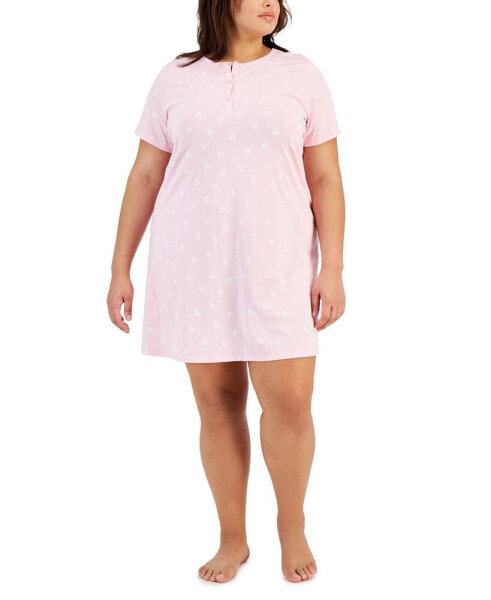 Plus Size Cotton Ditsy Floral Henley Sleepshirt, Created for Macy's