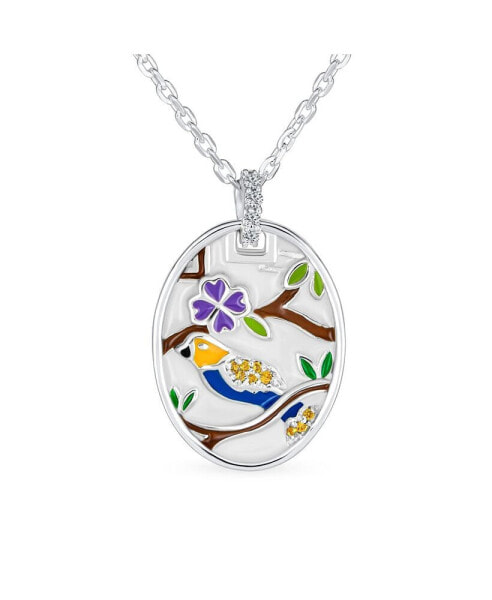 Bling Jewelry colorful Oval Frame Enamel Inlay Style Nature Bird Cameo Pendant Necklace For Women .925 Sterling Silver