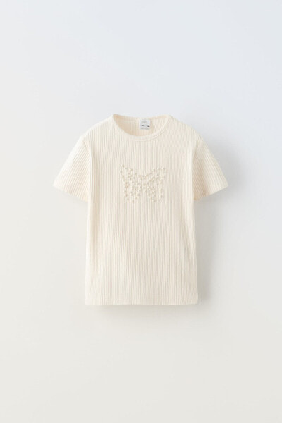 Ribbed t-shirt with faux pearls