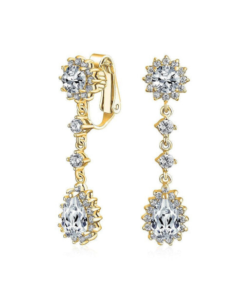 Bridal Statement Teardrop Pave Crown Halo Cubic Zirconia AAA CZ Dangle Chandelier Clip On Earrings For Women More Colors