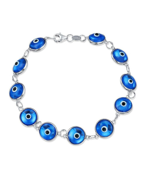 Protection Good Luck Amulet Turkish Translucent Glass Bead Evil Eye Bracelet For Women Sterling Silver Blue 7 Inch