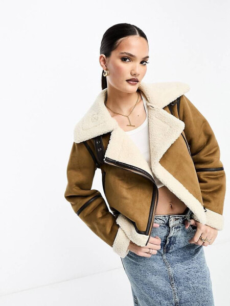 Stradivarius cropped aviator jacket with contrast piping in tan 