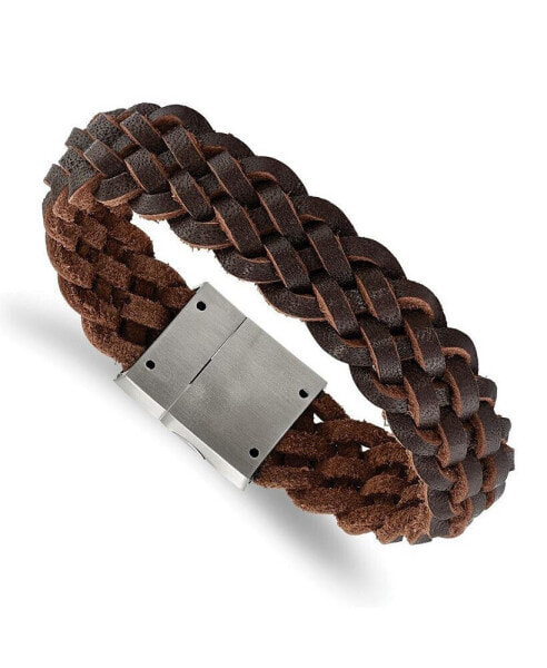 Stainless Steel Brushed Brown Braided Leather Bracelet