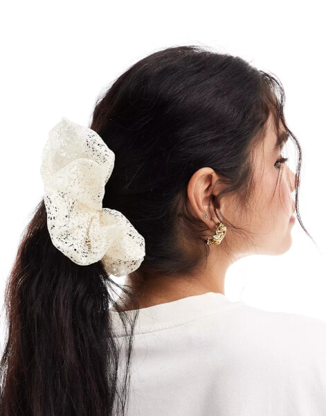 ASOS DESIGN scrunchie hair tie with lace detail in ivory