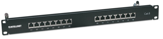 Intellinet Patch Panel - Cat6 - FTP - 16-Port - 1U - Shielded - 90° Top-Entry Punch-Down Blocks - Black - IEEE 802.3 - IEEE 802.3ab - IEEE 802.3u - Fast Ethernet - Gigabit Ethernet - Rj-45 - Gold - F/UTP (FTP) - Black