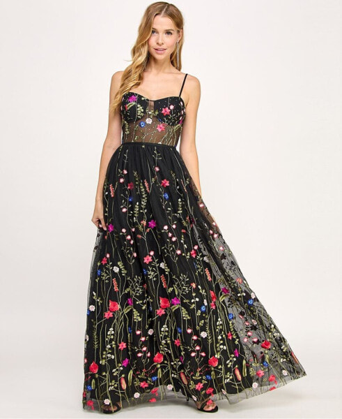 Juniors' Floral-Embroidery Illusion-Corset Gown, Created for Macy's