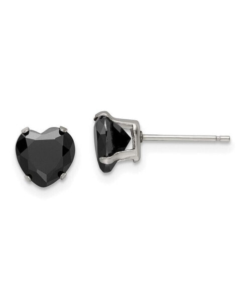 Stainless Steel Polished Black Heart CZ Stud Earrings