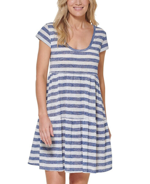 Wide Stripe Cap Sleeve Dress Cover-Up