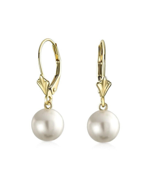 Classic Real 14K Yellow Gold White 8MM Round Freshwater Cultured Pearl Drop Ball Dangle Earrings Lever back Women June Birthstone