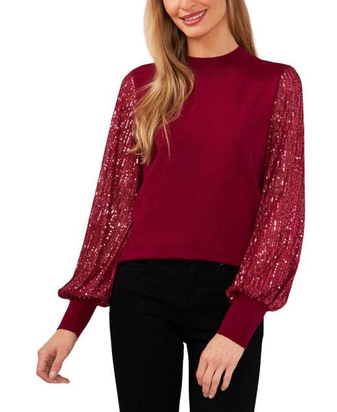 Women's Sheer-Sequin-Sleeve Mock-Neck Cotton Sweater