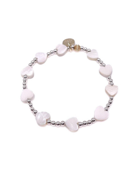 3mm Sterling Silver Ball and Mother of Pearl Heart Stretch Bracelet