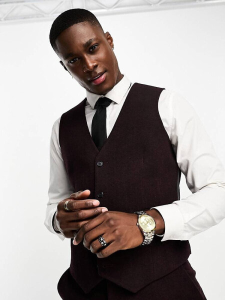 ASOS DESIGN slim wool mix suit waistcoat in herringbone in burgundy