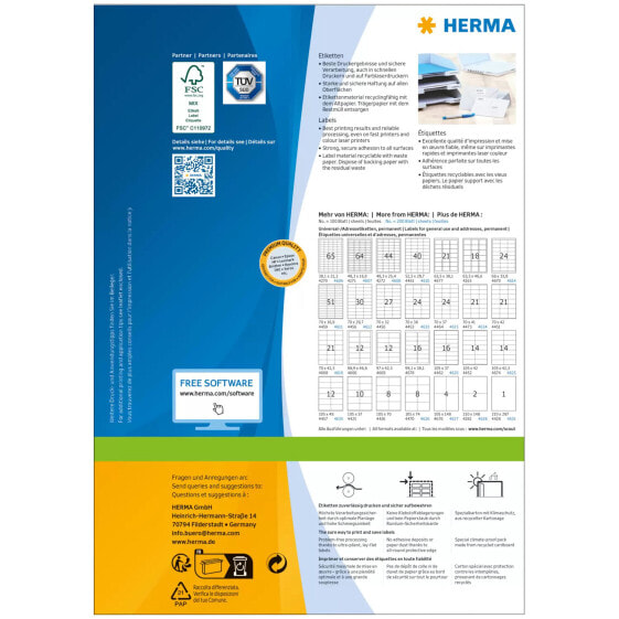 HERMA Labels Premium A4 210x297 mm white paper matt 100 pcs. - White - Self-adhesive printer label - A4 - Paper - Laser/Inkjet - Permanent