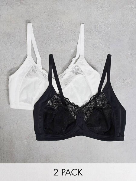 Simply Be 2 pack Eva non wired bras with mesh and lace detail in black and white