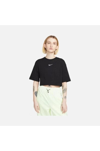 Sportswear Cropped Short-Sleeve Kadın Tişört, Kadın Siyah Crop T-Shirt