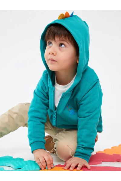 Kapüşonlu Uzun Kollu Baskılı Erkek Bebek Fermuarlı Sweatshirt
