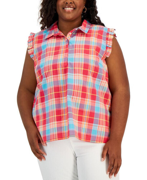 Plus Size Plaid Flutter-Sleeve Top