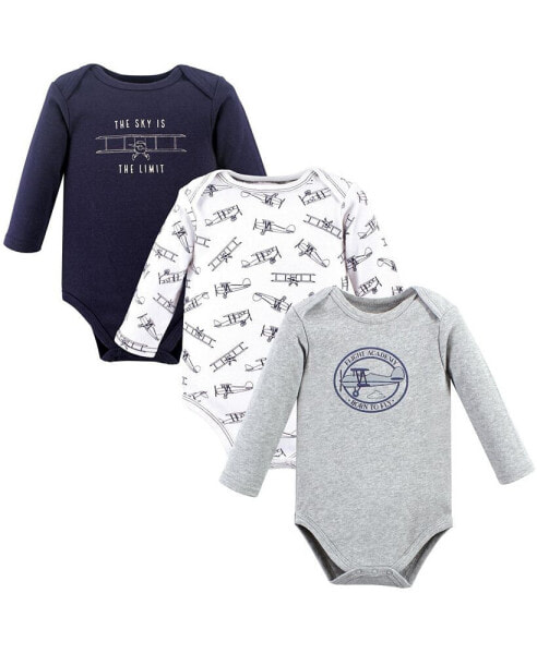 Baby Boys Cotton Long-Sleeve Bodysuits, Aviation, 3-Pack