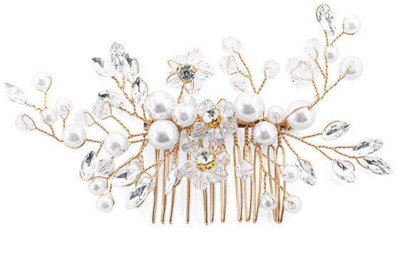 A beautiful gold-plated hair comb with rhinestones and pearls