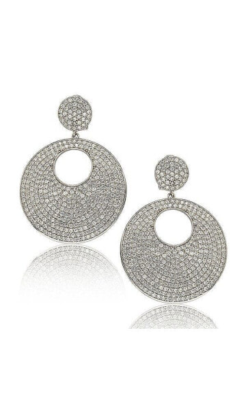 Suzy Levian Sterling Silver Cubic Zirconia Oversized Pave Open Circle Disk Dangle Earrings