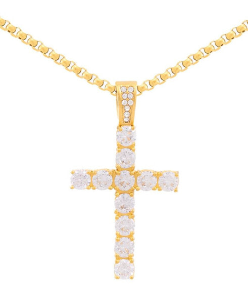 Men's Cubic Zirconia Cross 24" Pendant Necklace in Gold Ion-Plated Stainless Steel