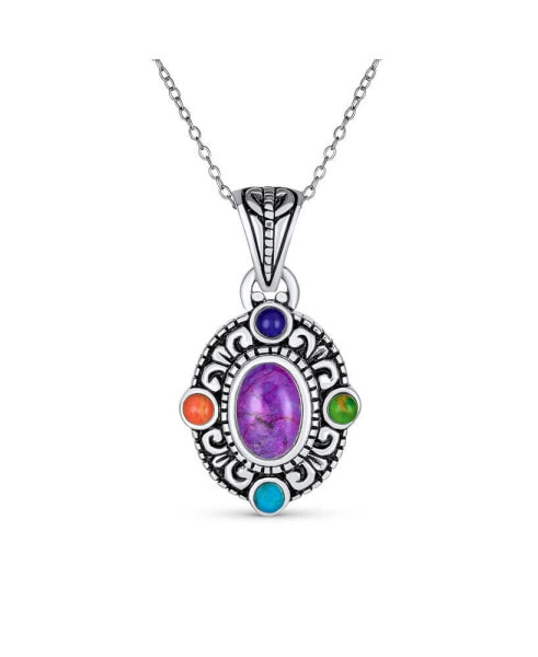 Southwest Style Oval Cabochon Multicolor Purple Turquoise Medallion Pendant Necklace For Women Oxidized Sterling Silver