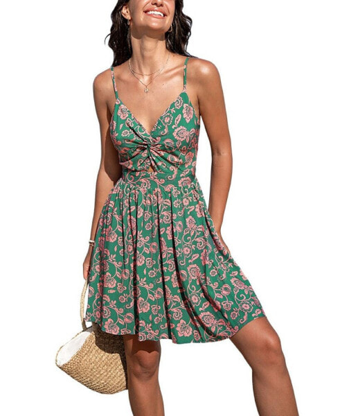 Women's Green Floral Cutout Twisted Mini Beach Dress